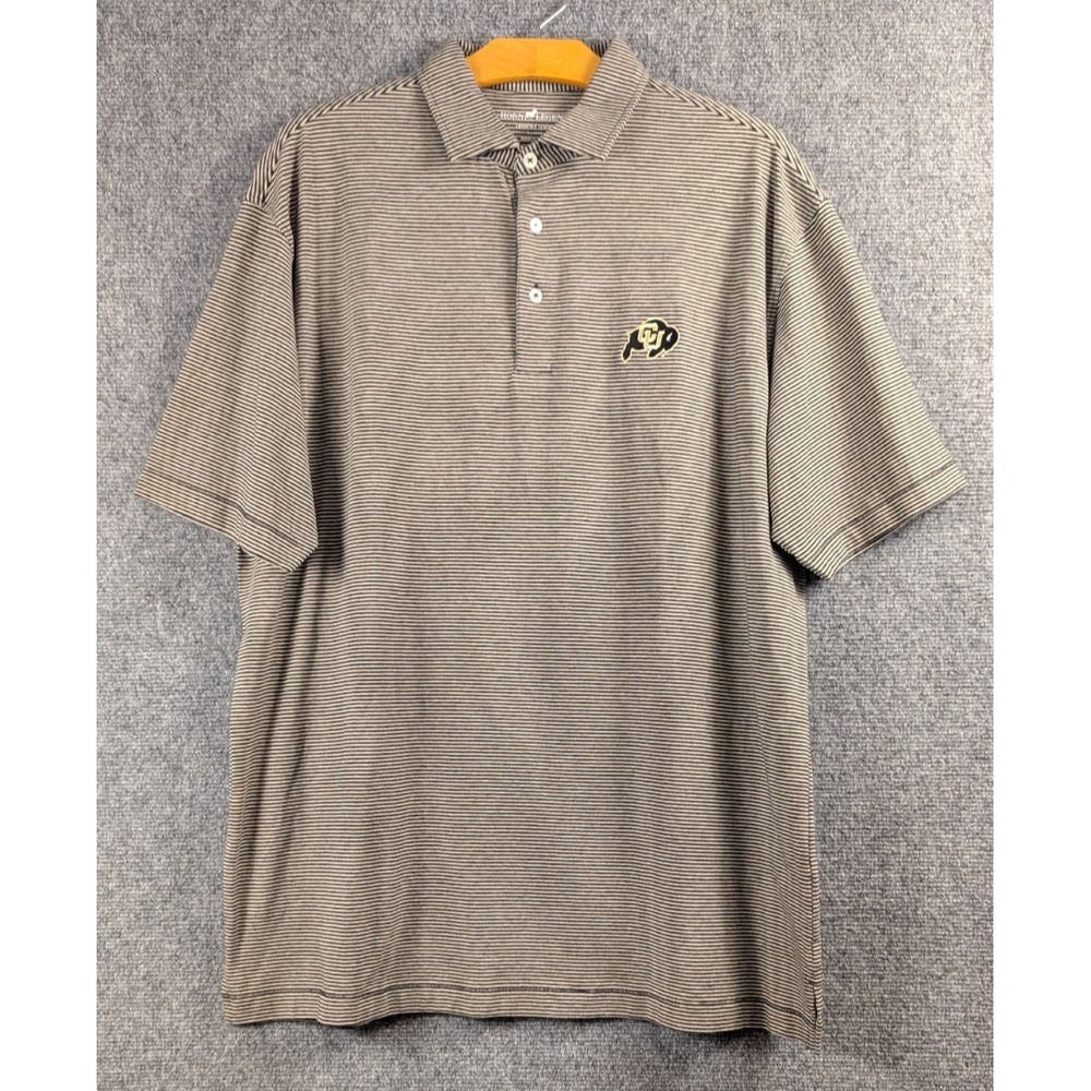 Horn Legend Colorado Buffaloes Polo Shirt Mens XL Striped Golf CU Logo Beige Blk